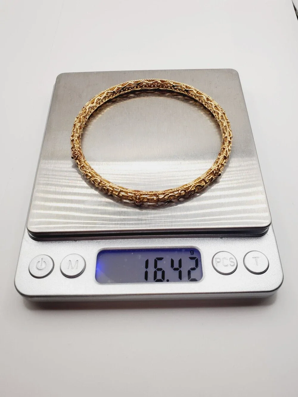 18k Yellow Gold - 925 Sterling Silver Flower Design Bangle Bracelet